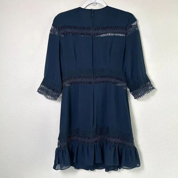 Tularosa Mini Dress Size M Navy Blue Lace Ruffle Trim Lined Elbow Sleeve Zip - Picture 4 of 14